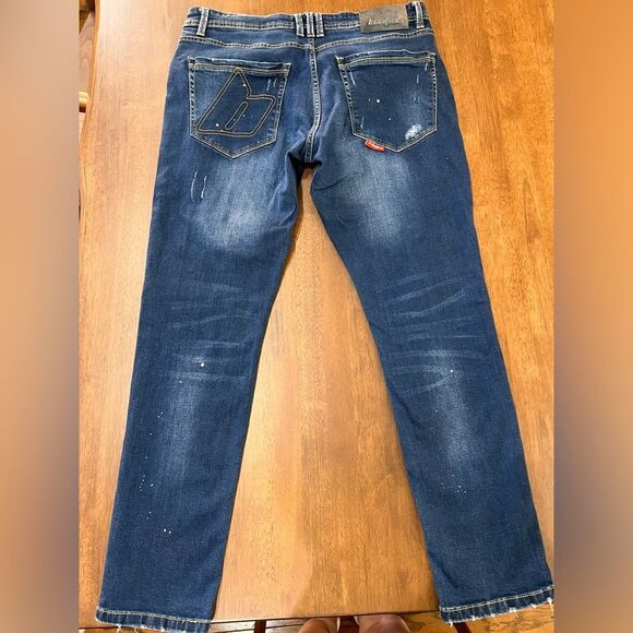 B Couture High Barnet Taper Fit Jeans Paint Splatter Mid Blue Stretchy Men Sz 36 - Picture 8 of 12